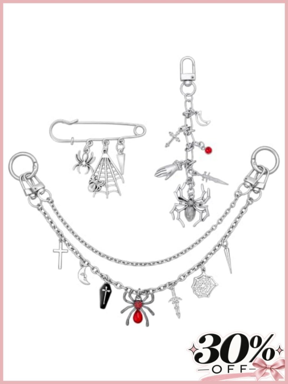 Y2K Gothic Bag Charm Keychain Set 3Pc Punk Spider Web